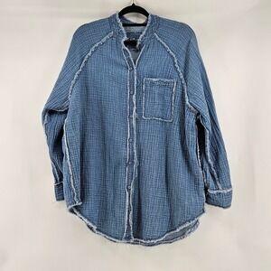 Aerie Gauze Tunic Pool to Party Shirt Blue Distressed Coastal Boho Oversized M
